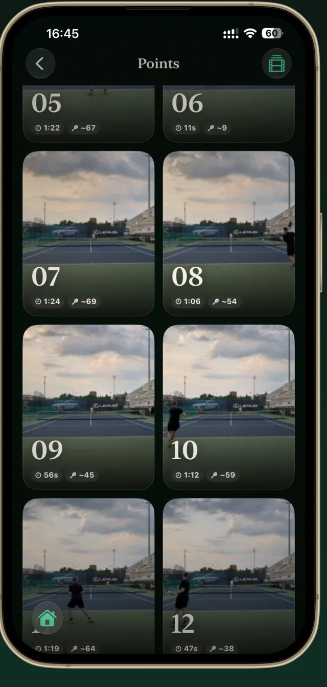 The Points screen: a two-column grid of cut points, each labelled with its number, duration and shot count