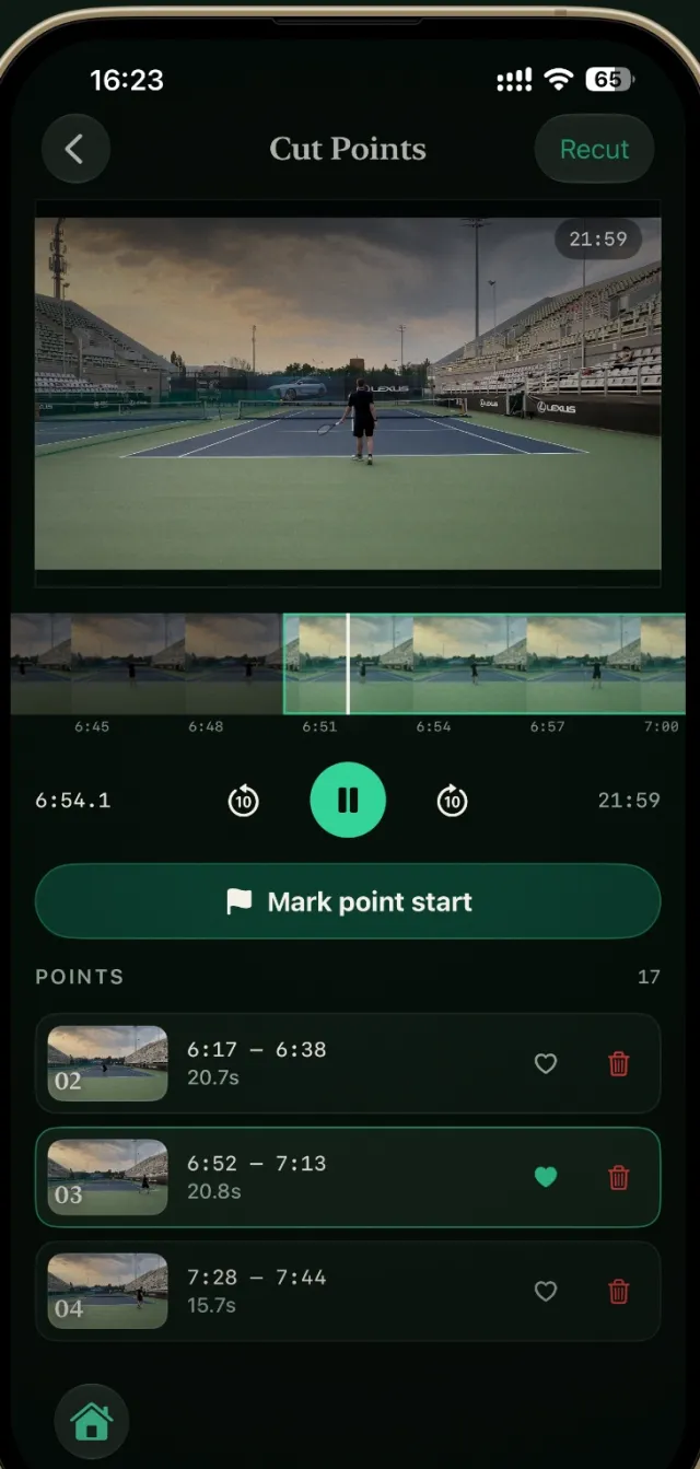 PointCut on iPhone: the Cut Points editor, with the match playing above a timeline and the detected points listed below